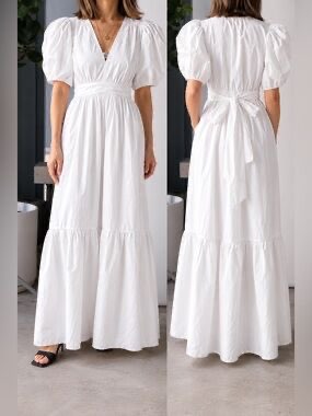 White Puff Sleeve Tiered Maxi Dress