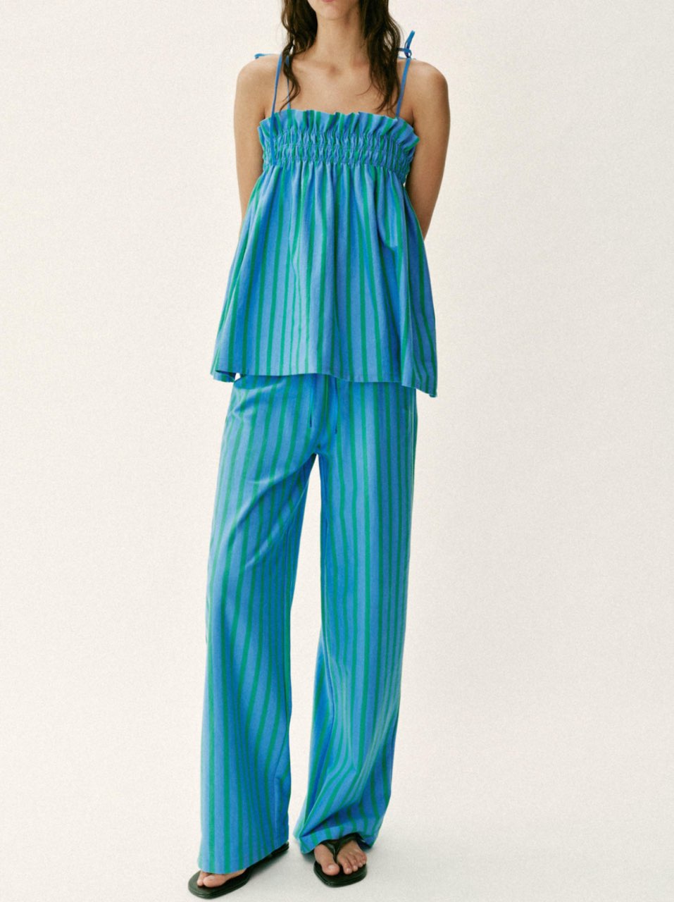 Blue and Green Striped Cami and Wide-Leg Pants Set