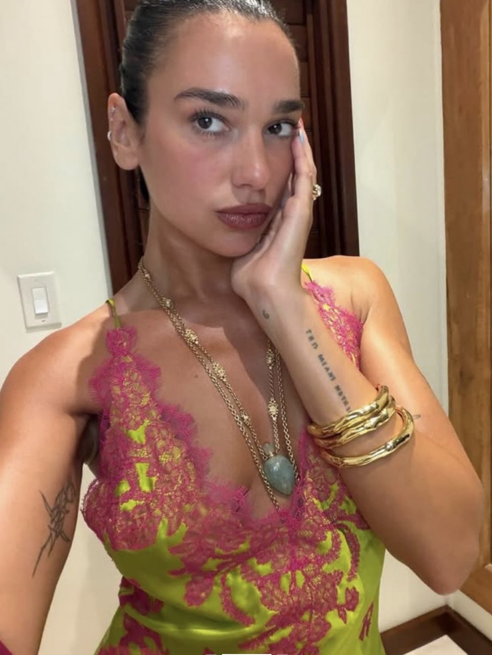 Lime Green Satin Slip Dress with Pink Lace
