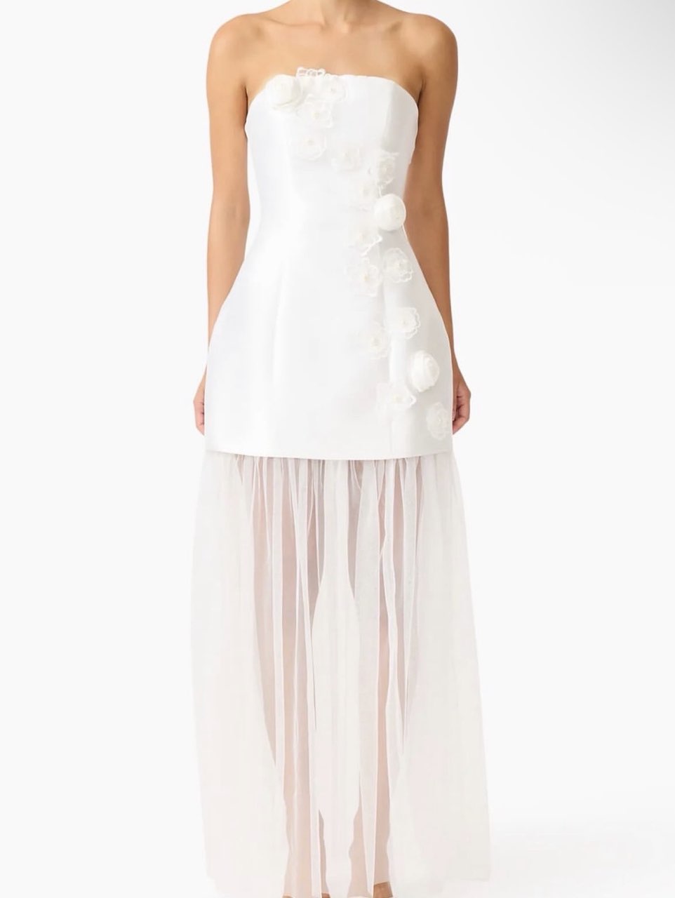 White Strapless Floral Applique Tulle Gown
