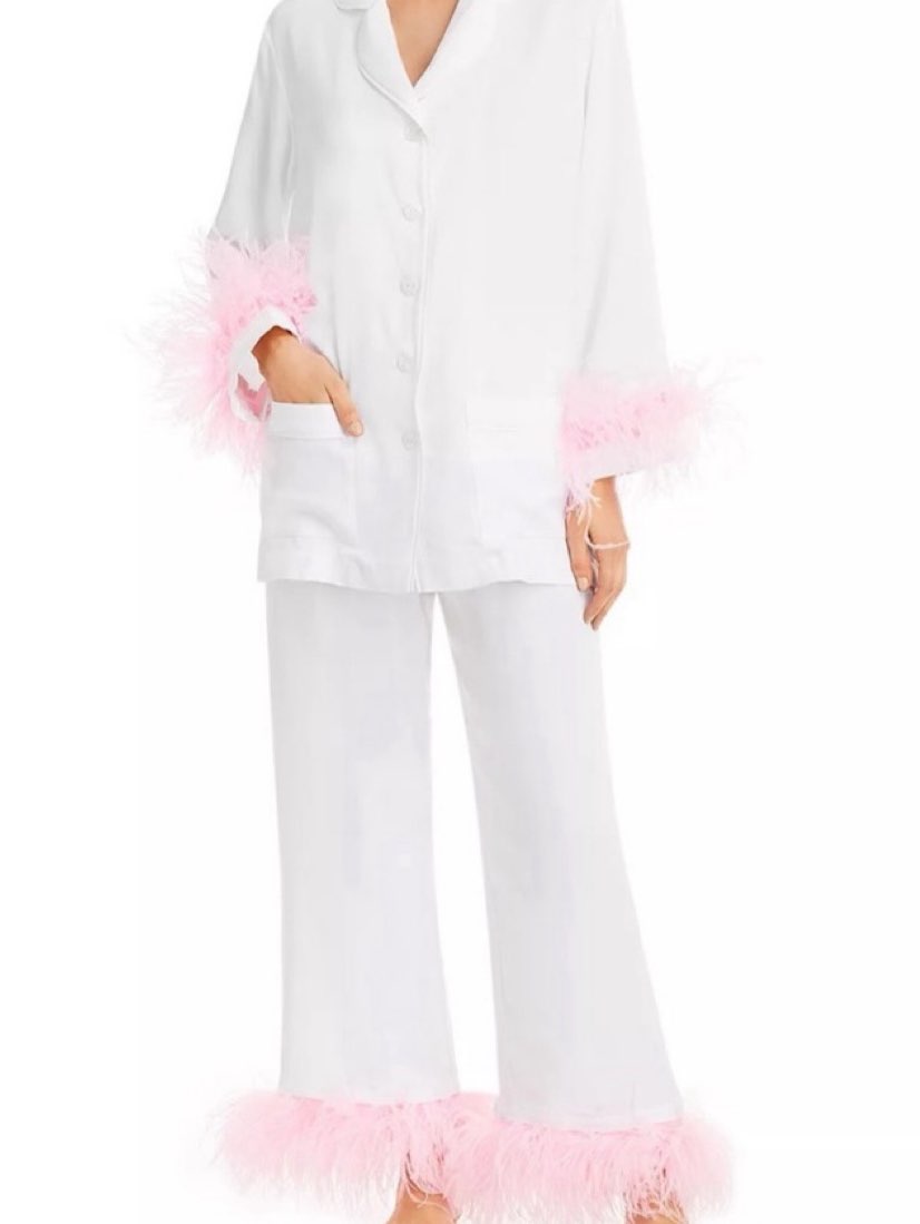 White Feather Trim Pajama Set