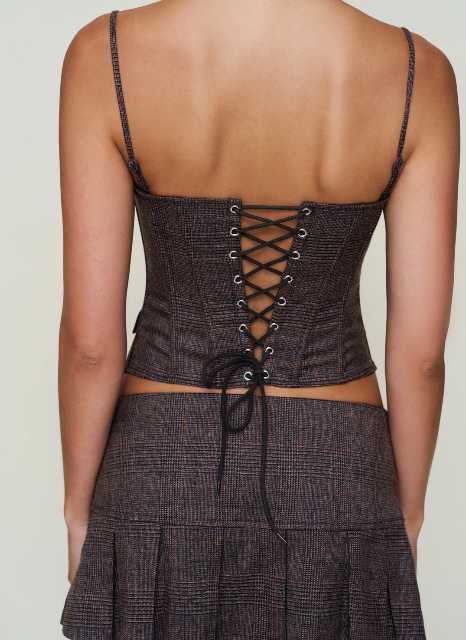 Brown Plaid Bustier Top and Pleated Mini Skirt Set
