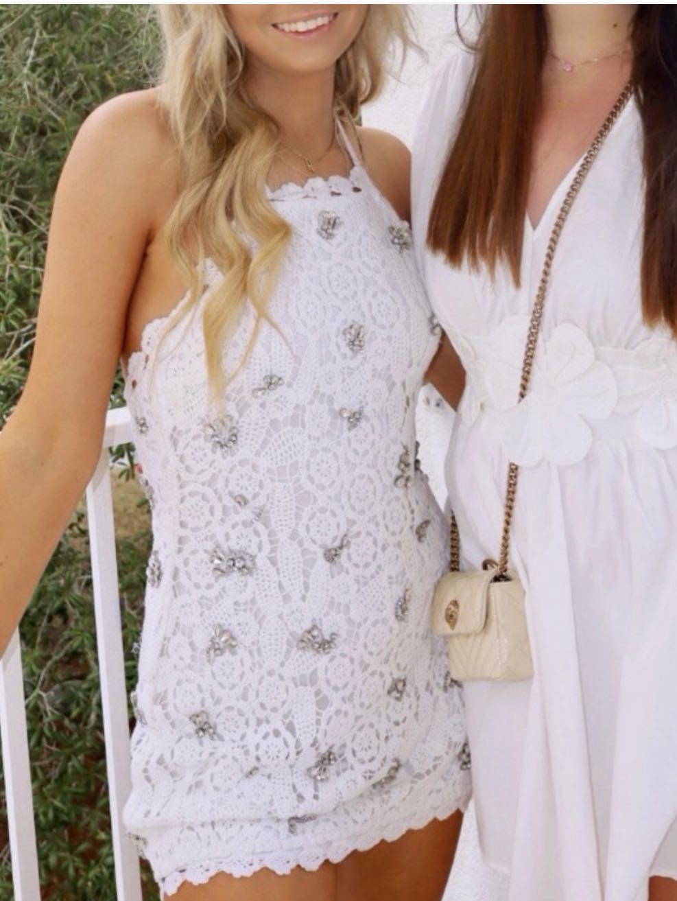 White Embellished Crochet Mini Dress