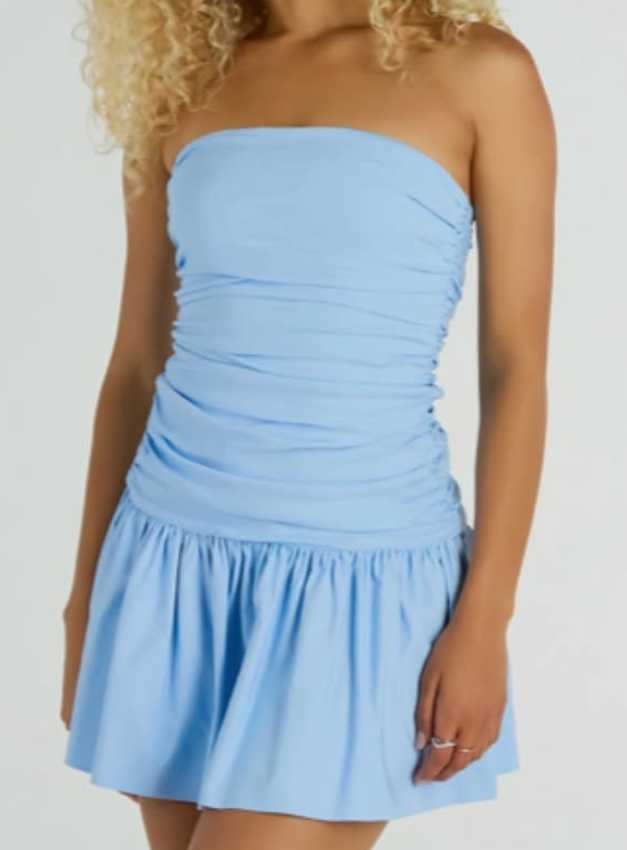 Light Blue Ruched Strapless Mini Dress