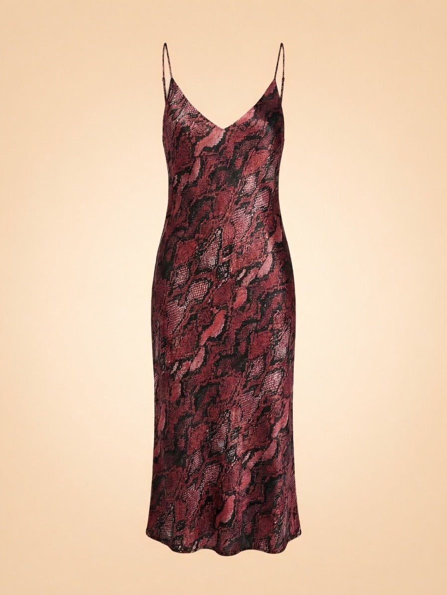 Jodie Slip Dress Burgundy Black Python Snake Print Bias Cut Midi Silk
