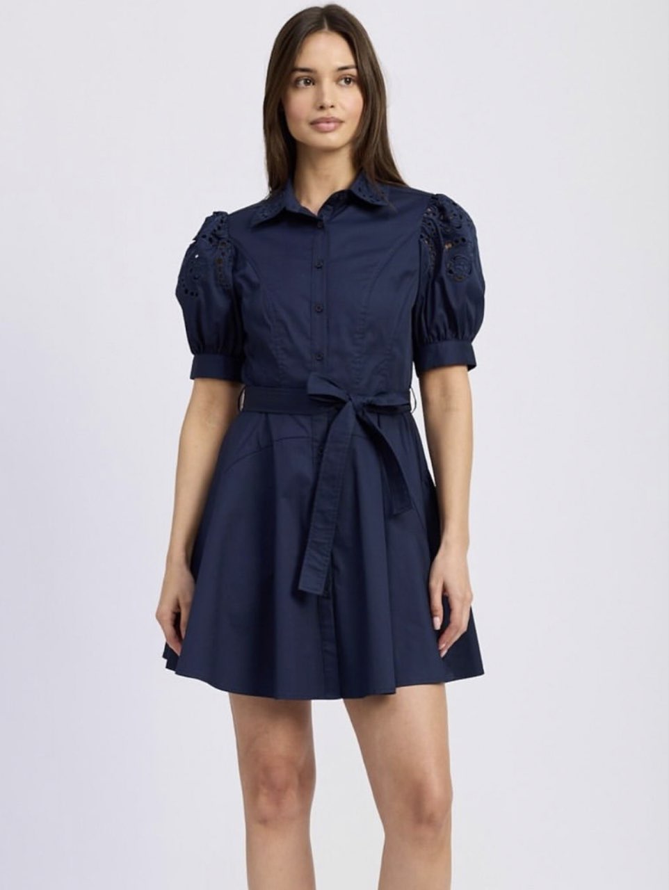 Navy Eyelet Puff Sleeve Dress