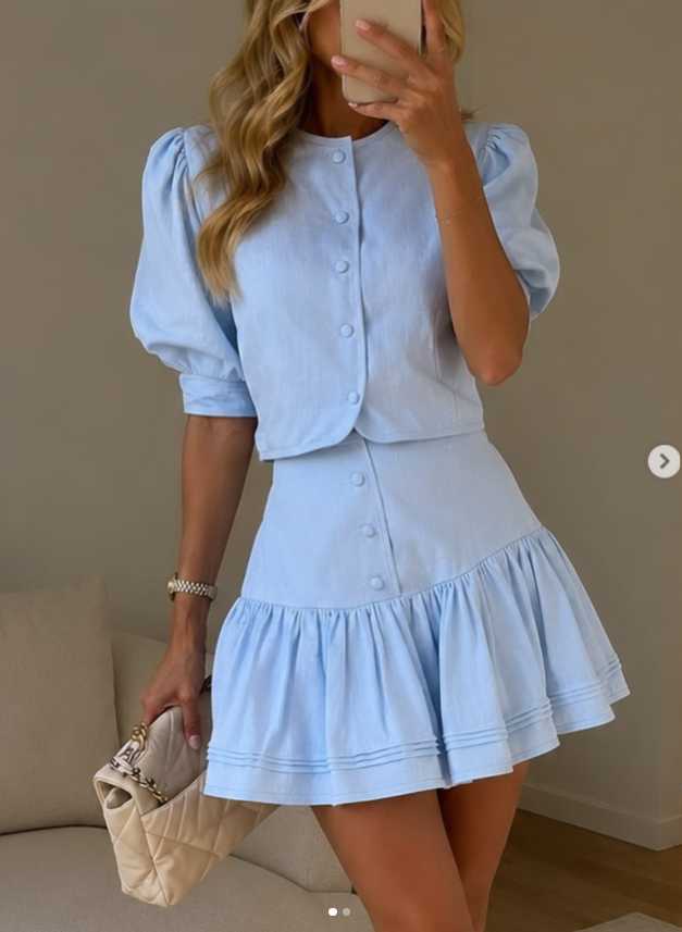 Not Avaliable Light Blue Puff Sleeve Crop Top and Ruffled Mini Skirt Set