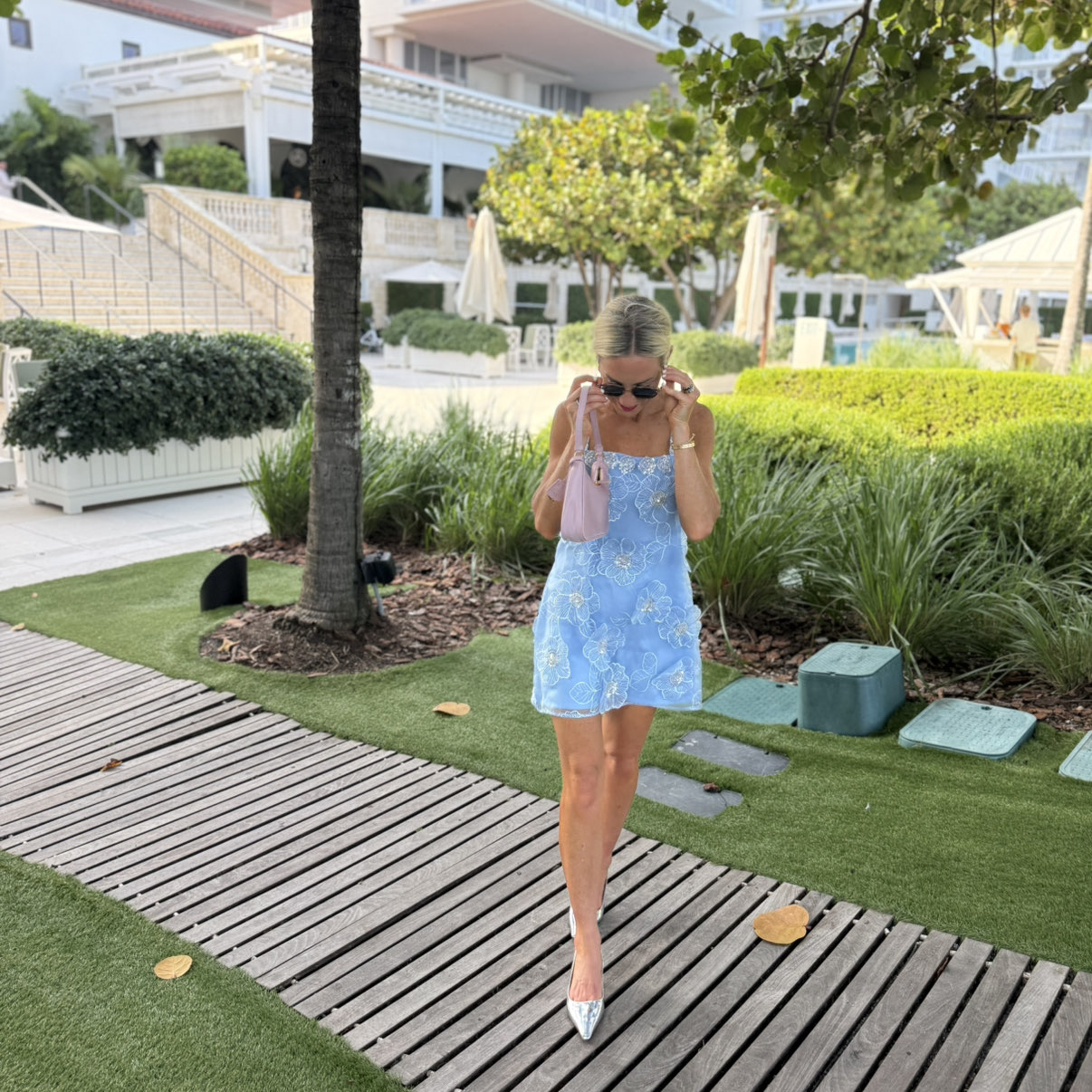 Over the moon Light Blue Floral Applique Mini Dress