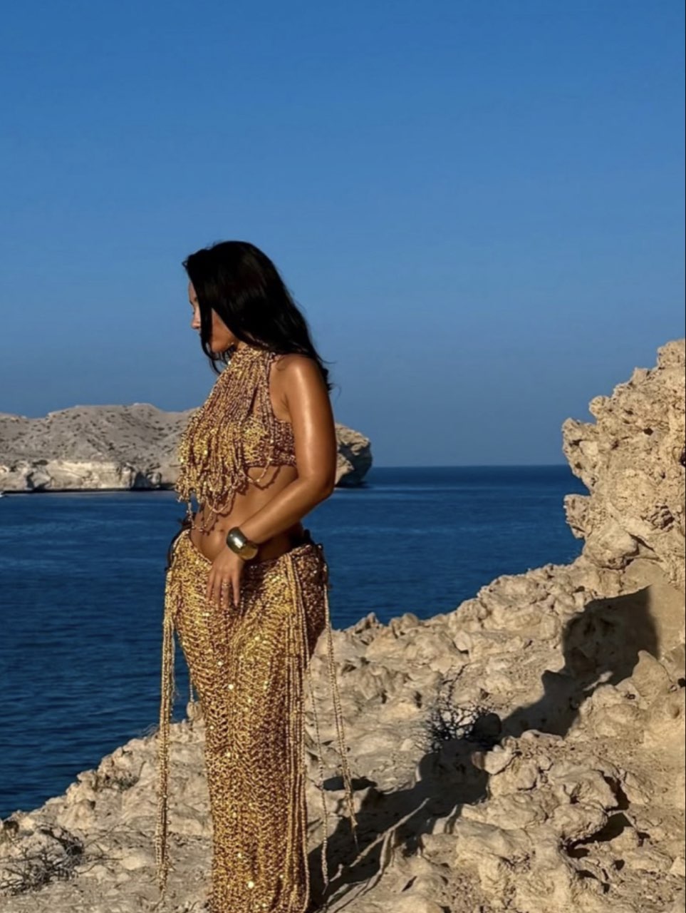 Gold Sequin Fringe Crop Top and Skirt Set