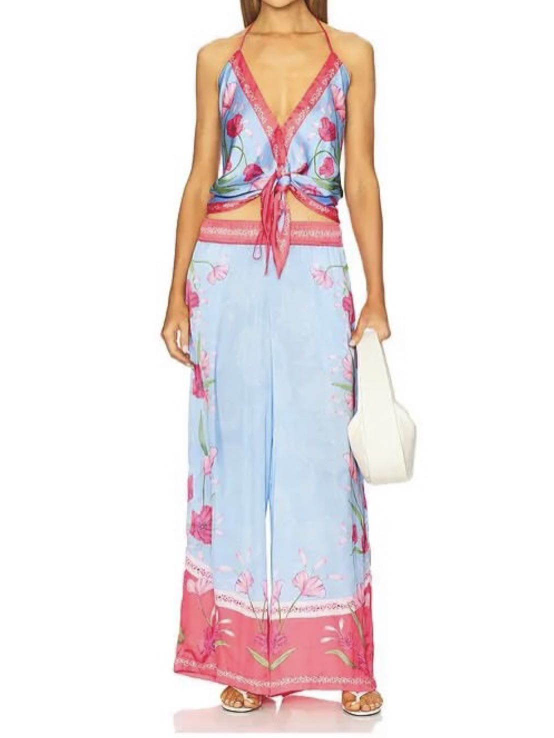 Floral Halter Top and Wide Leg Pants Set