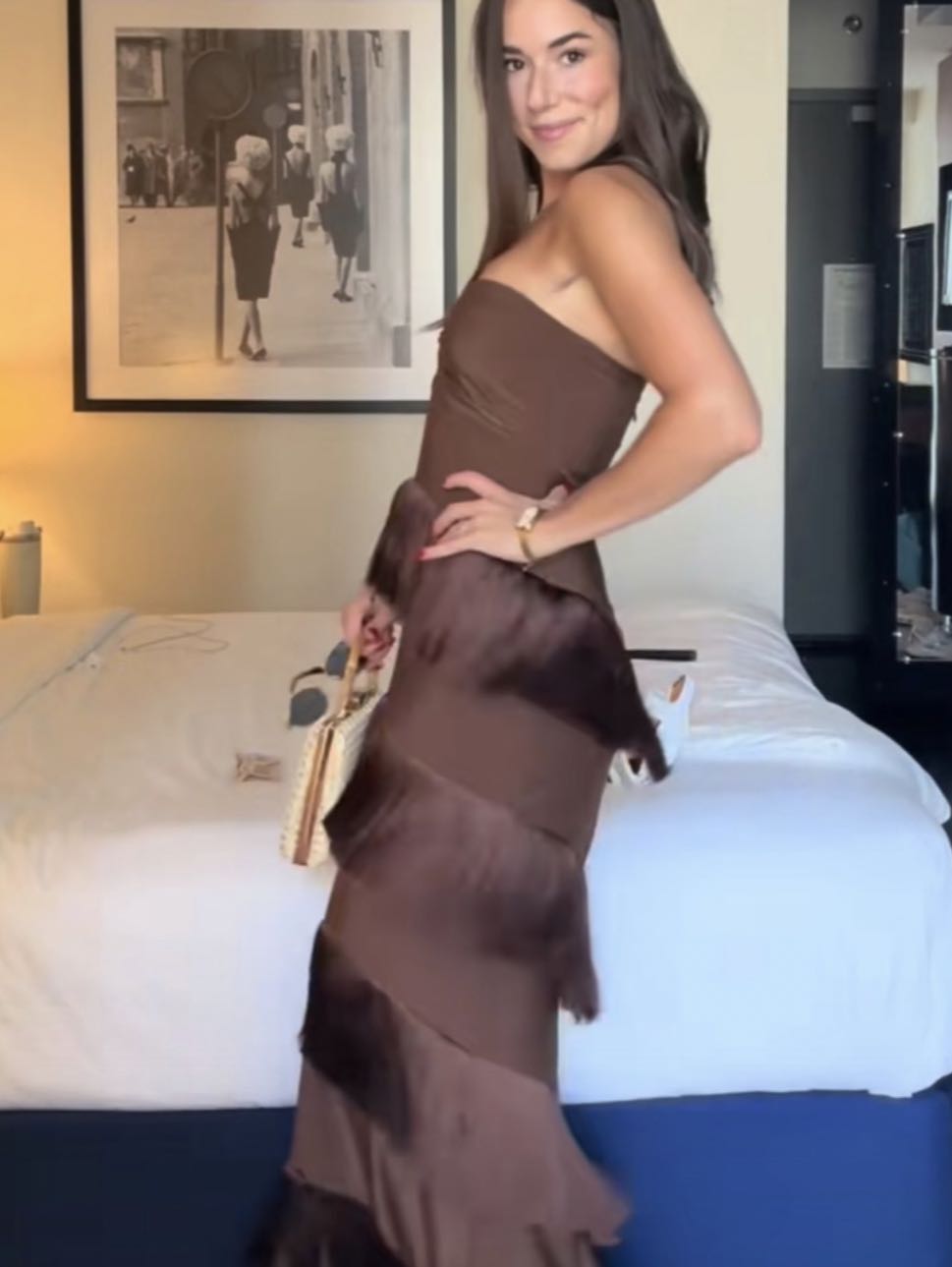 Brown Strapless Fringe Maxi Dress