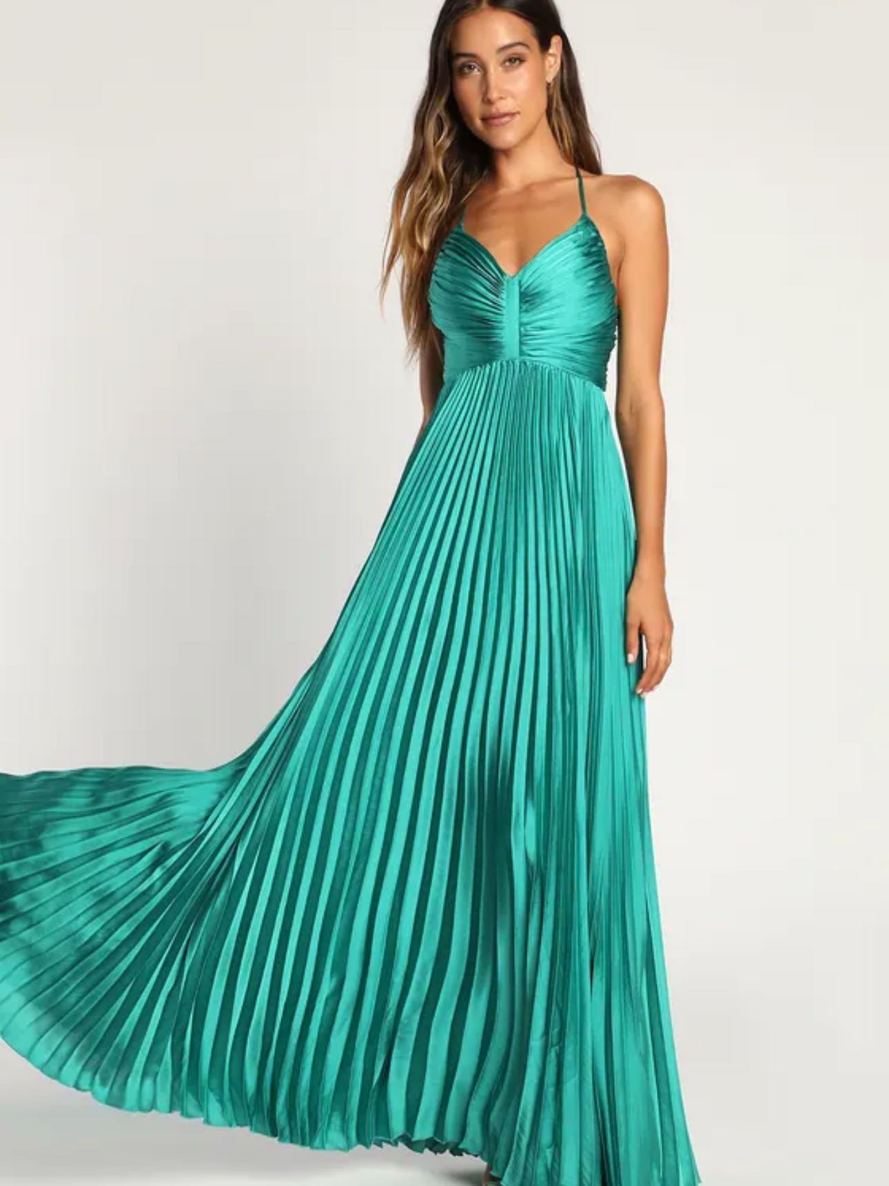 Dreaming in Color Green V-Neck Pleated Satin Maxi Dress