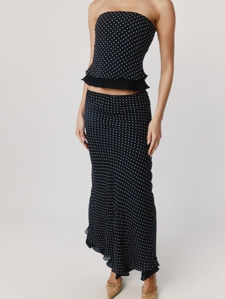 Black Polka Dot Strapless Top & Maxi Skirt Set