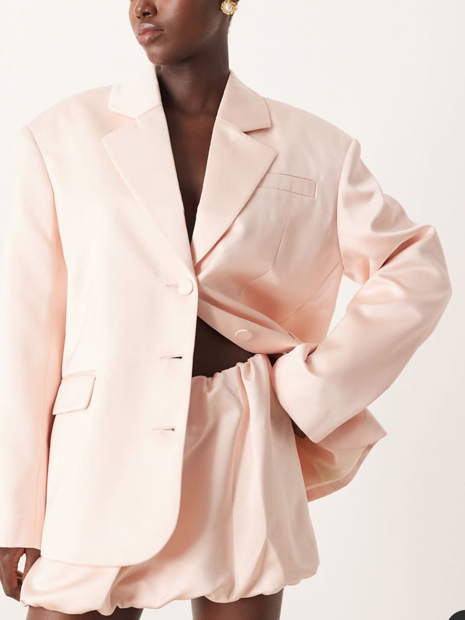 Blush Pink Satin Blazer and Bubble skirt Set