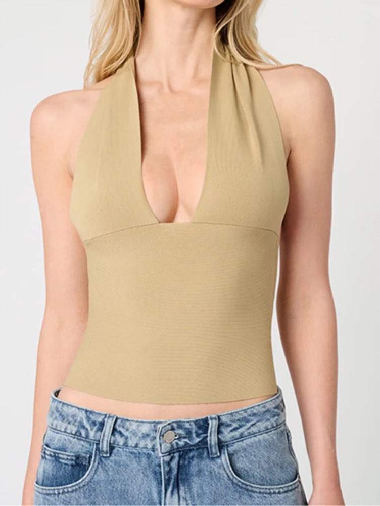Khaki Halter Deep V-Neck Top