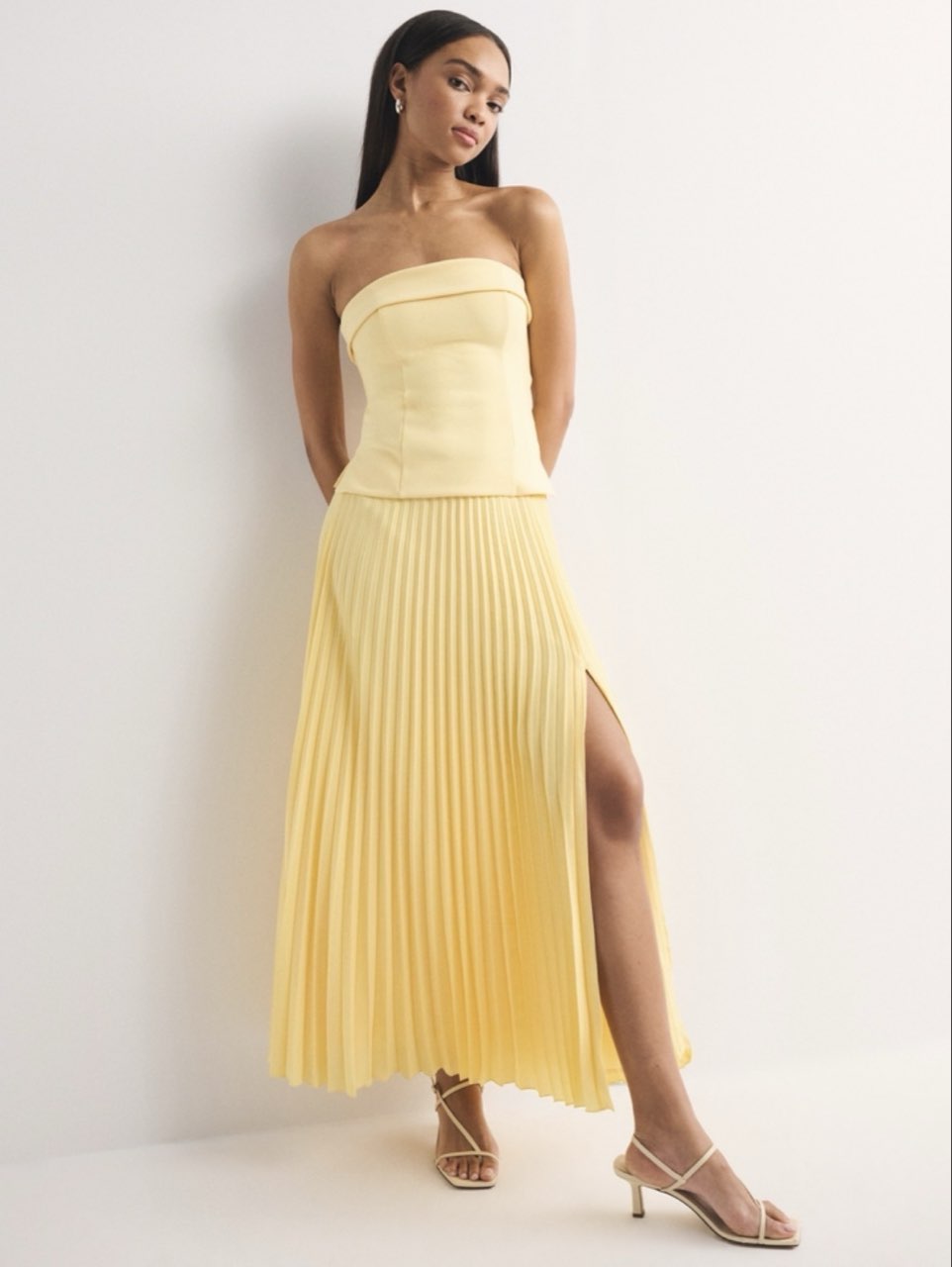 Yellow Strapless Top & Pleated Maxi Skirt Set