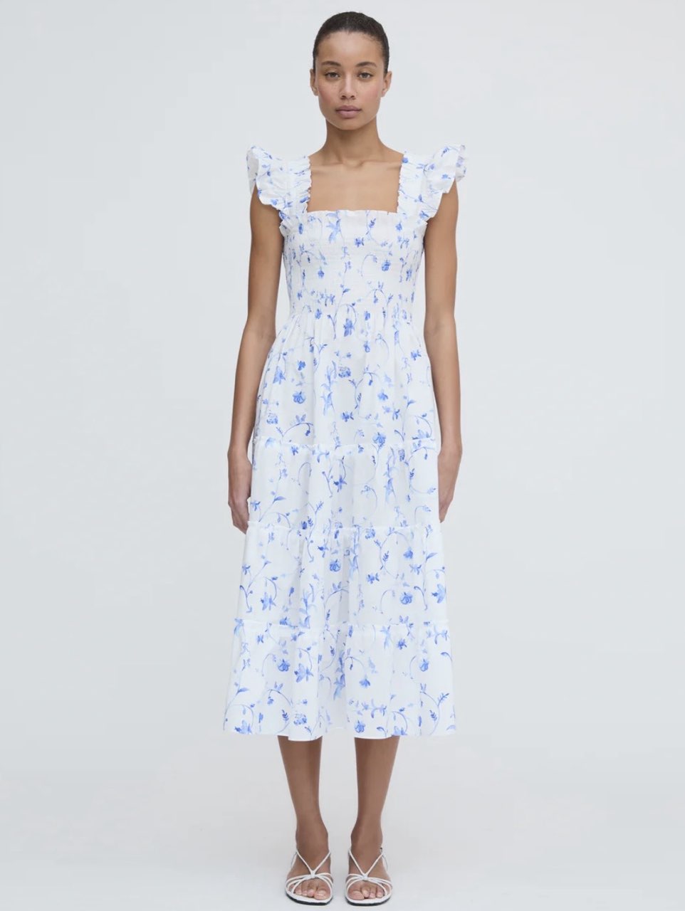 Blue Floral Smocked Midi Dress