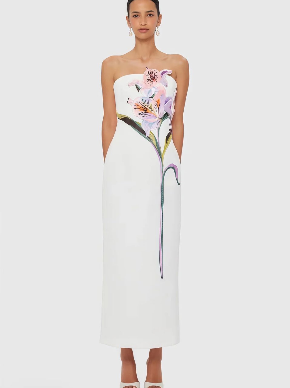 White Lily-Print Strapless Midi Dress
