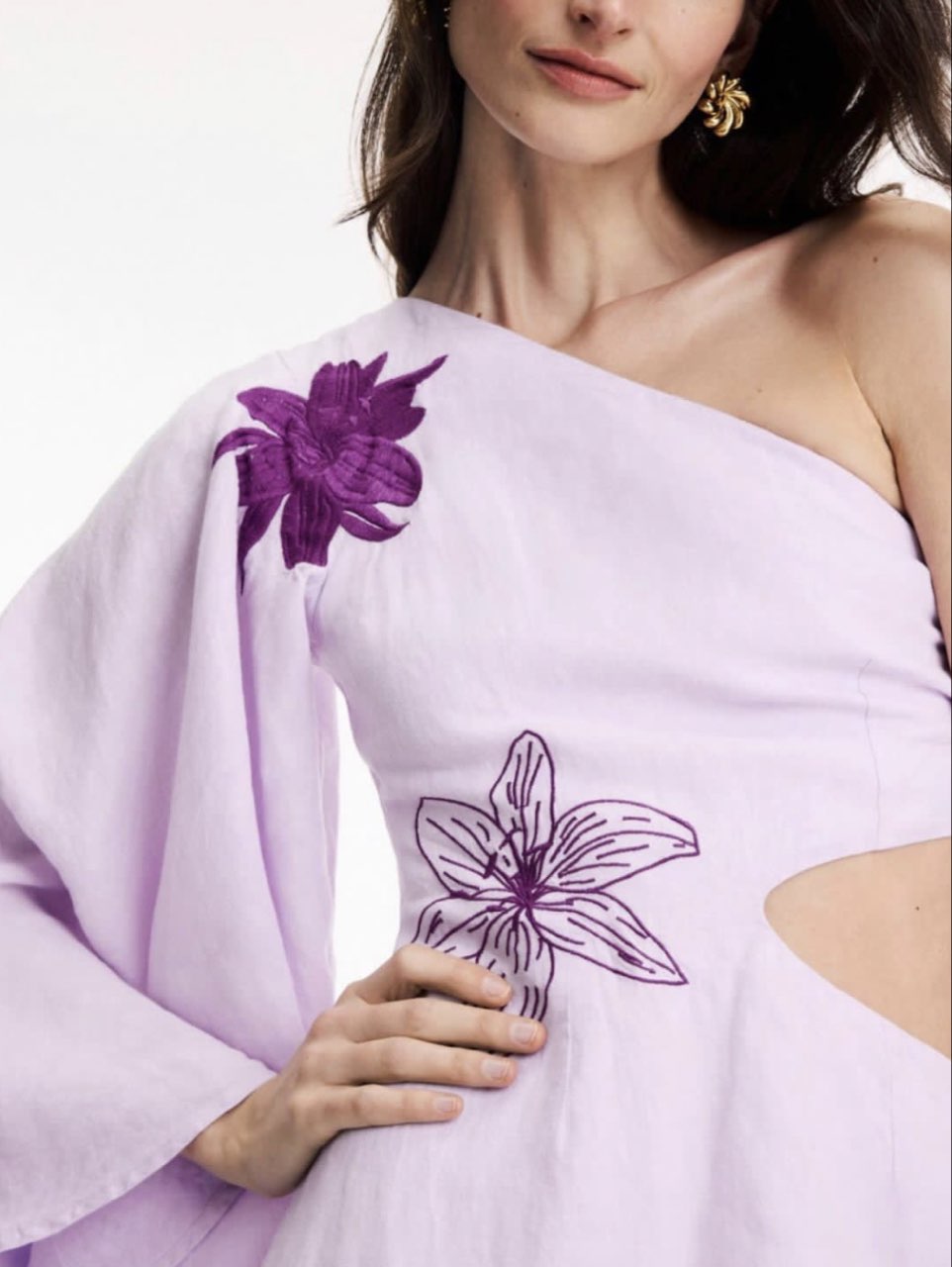 Lilac Floral Embroidered One-Shoulder Cutout Mini Dress