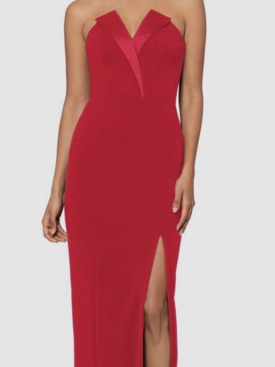 notched Red evening strapless gown
