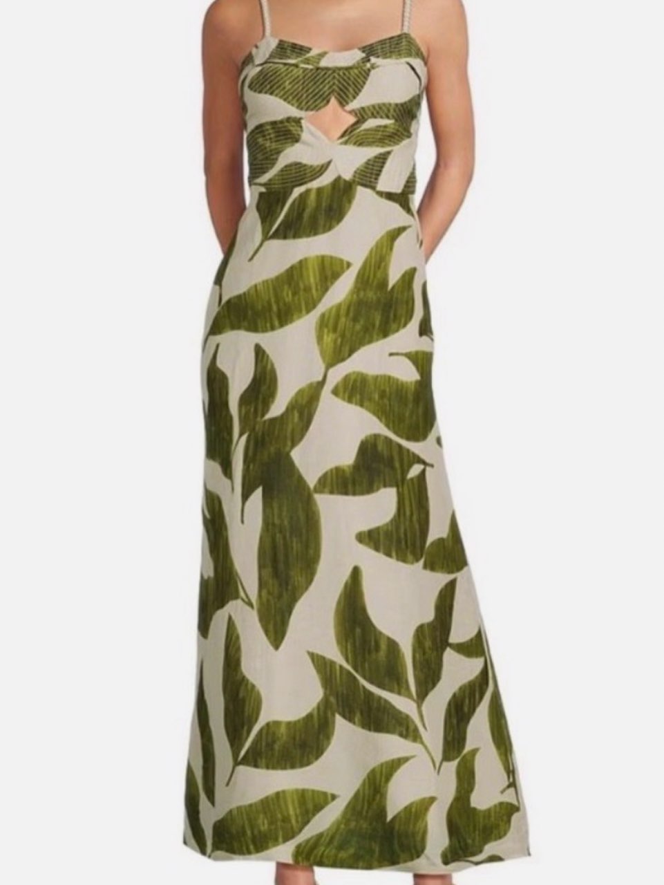 Green Leaf Print Cutout Maxi Dress