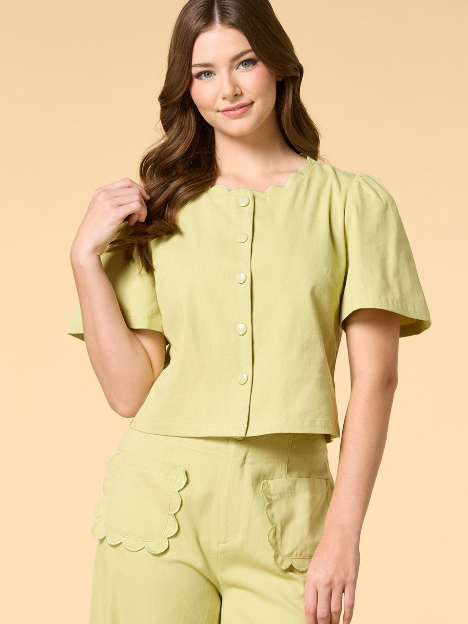 Scalloped Button-Up Top & Wide-Leg Pants Set