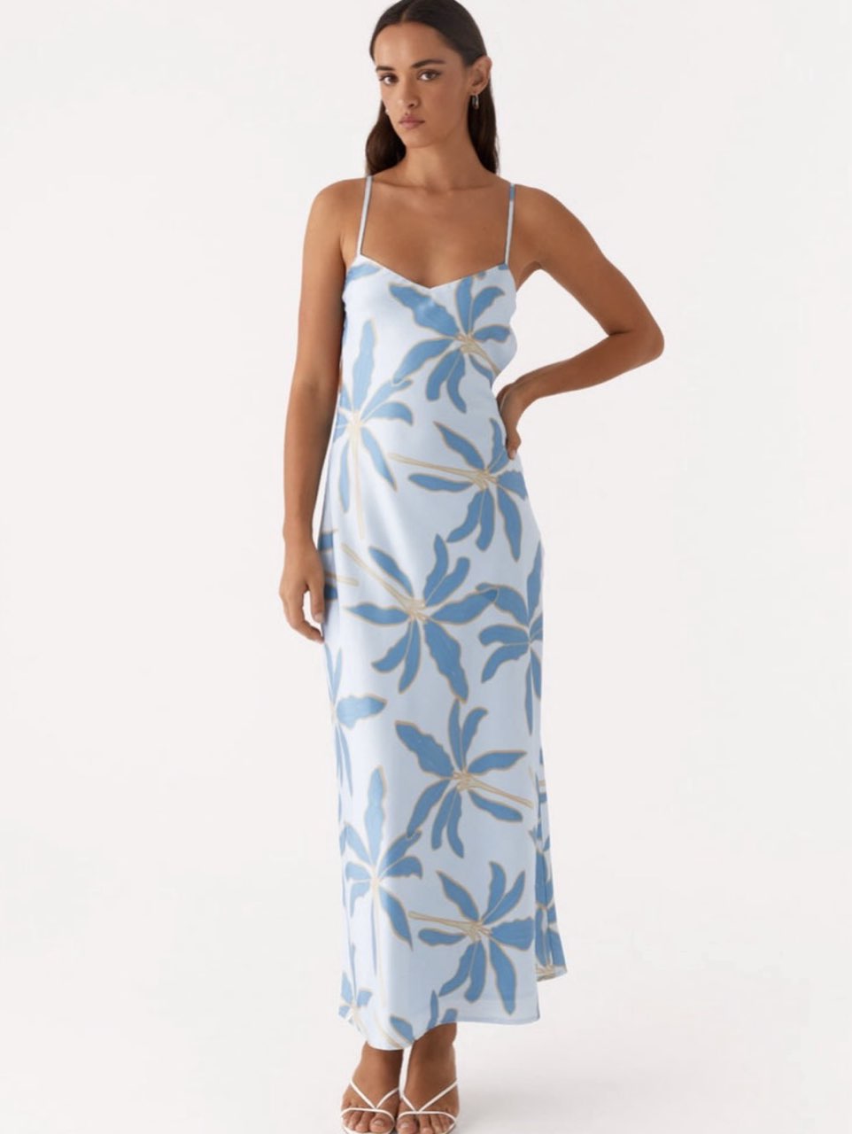 Light Blue Palm Print Midi Slip Dress
