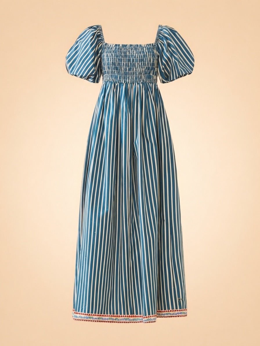 Teal and White Striped Smocked Midi Dress