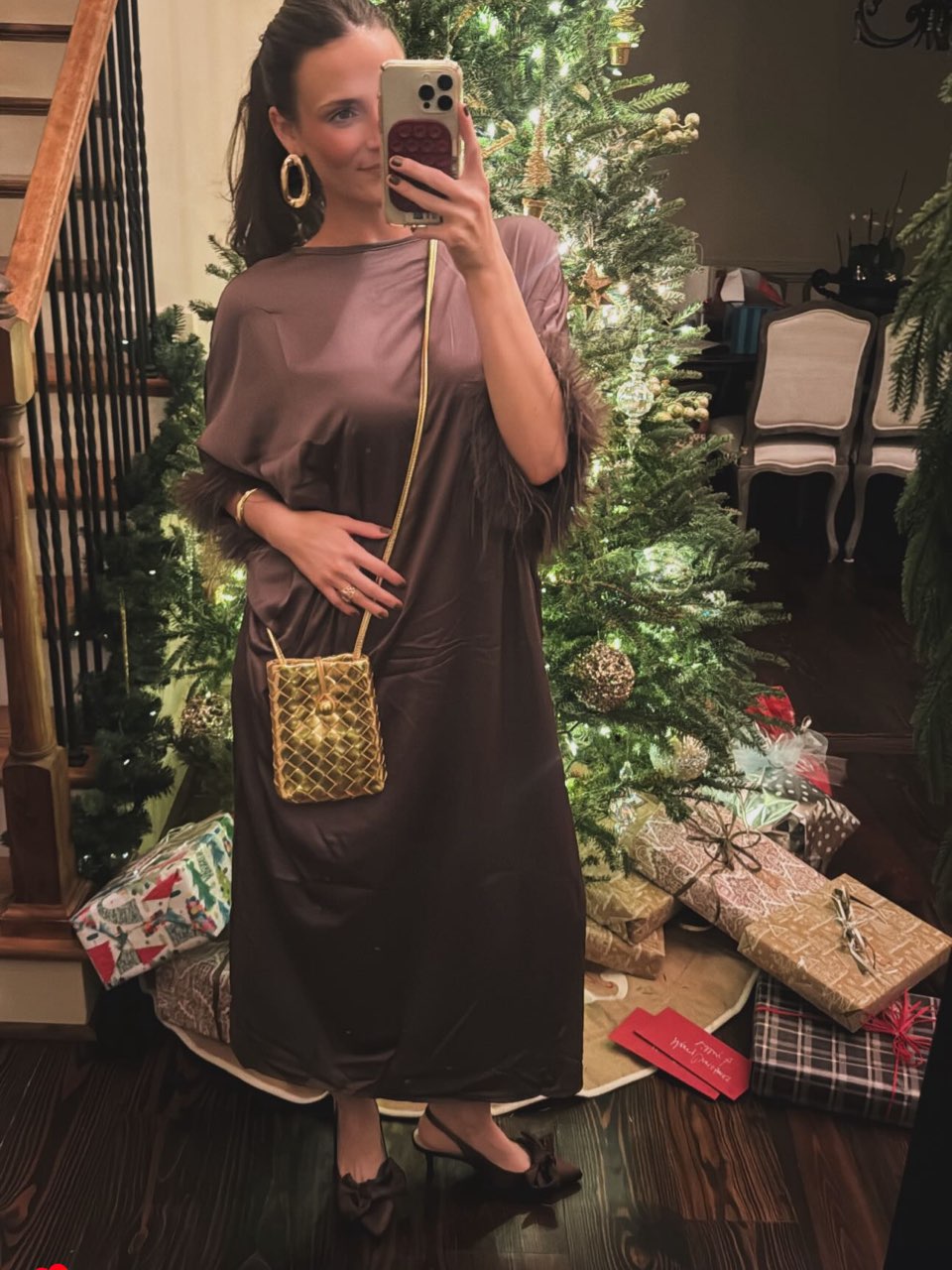 Satin Caftan Dress with Feather Trim