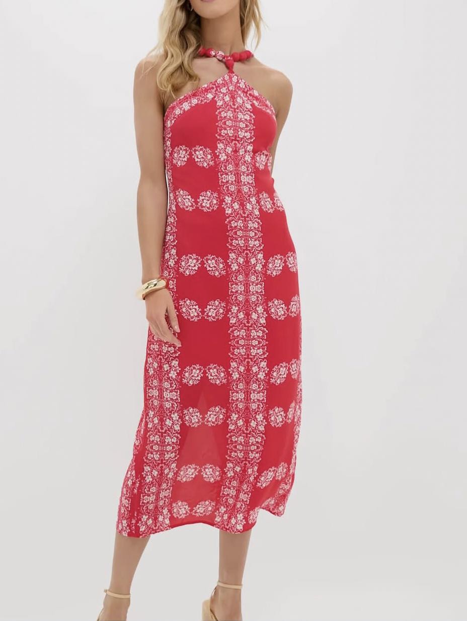 Red Halter Midi Dress