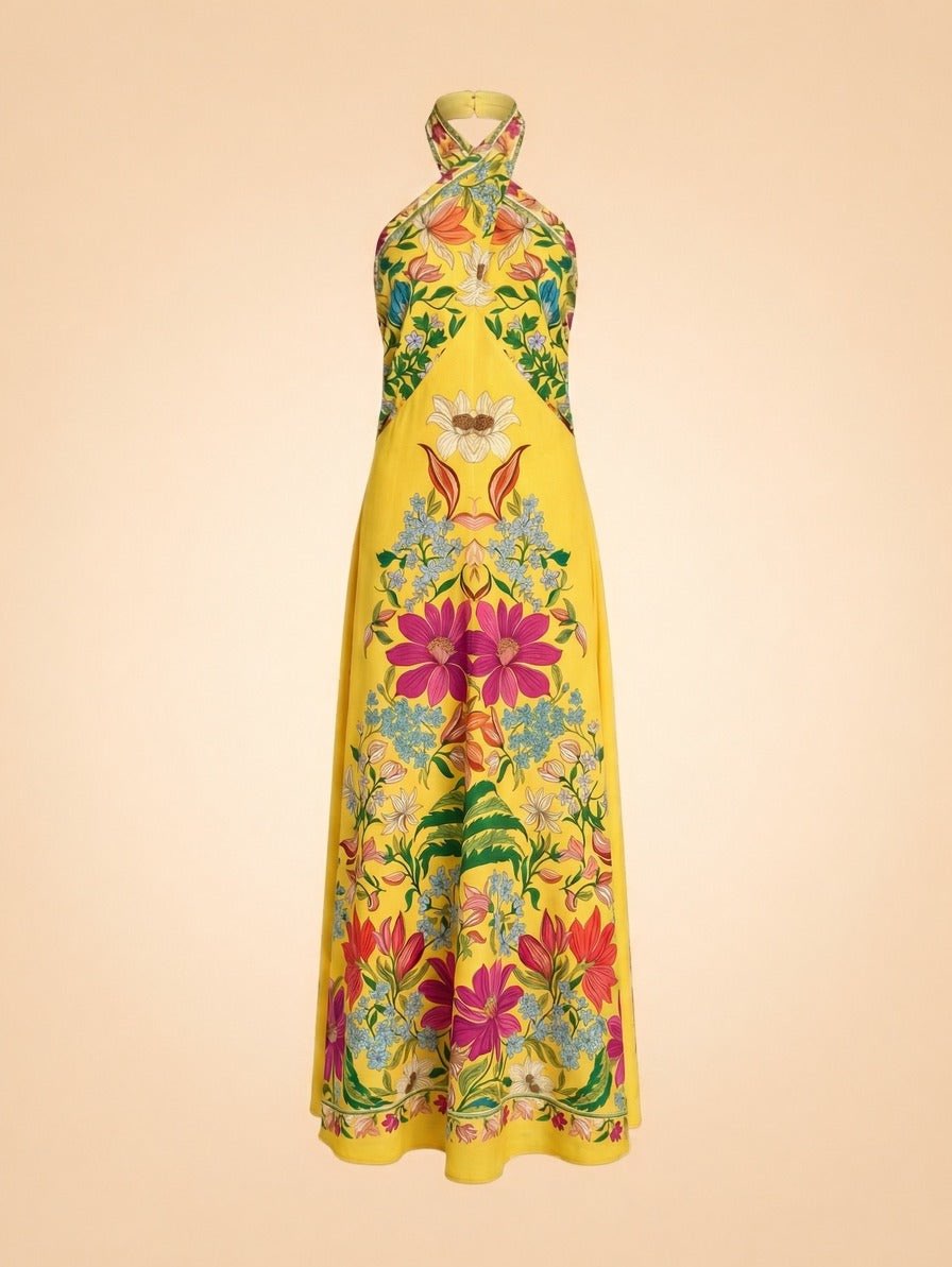 Yellow Floral Halter Maxi Dress