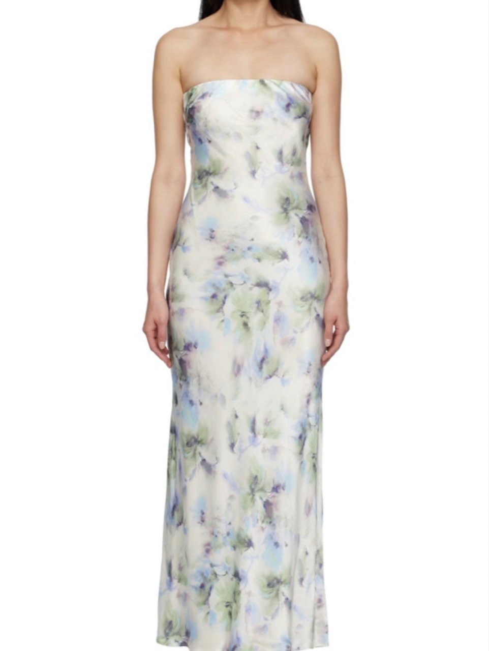 Strapless Floral Satin Midi Dress