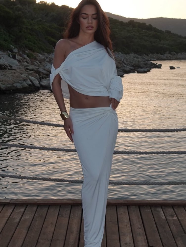 White One-Shoulder Crop Top & Ruched Midi Skirt Set