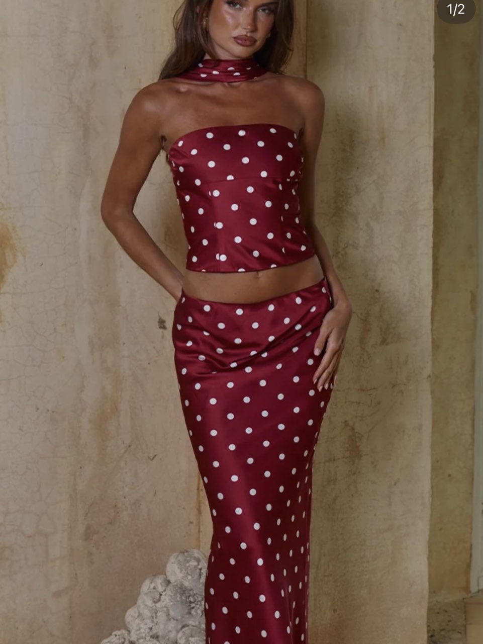 Red Polka Dot Strapless Top & Maxi Skirt Set