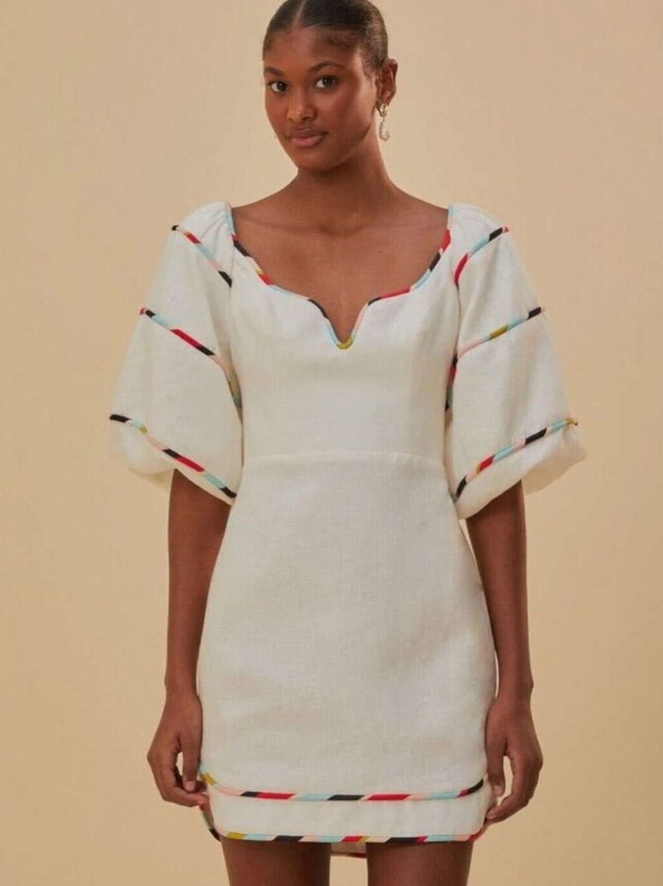 Stripe Trim Puff Sleeve Linen Mini Dress