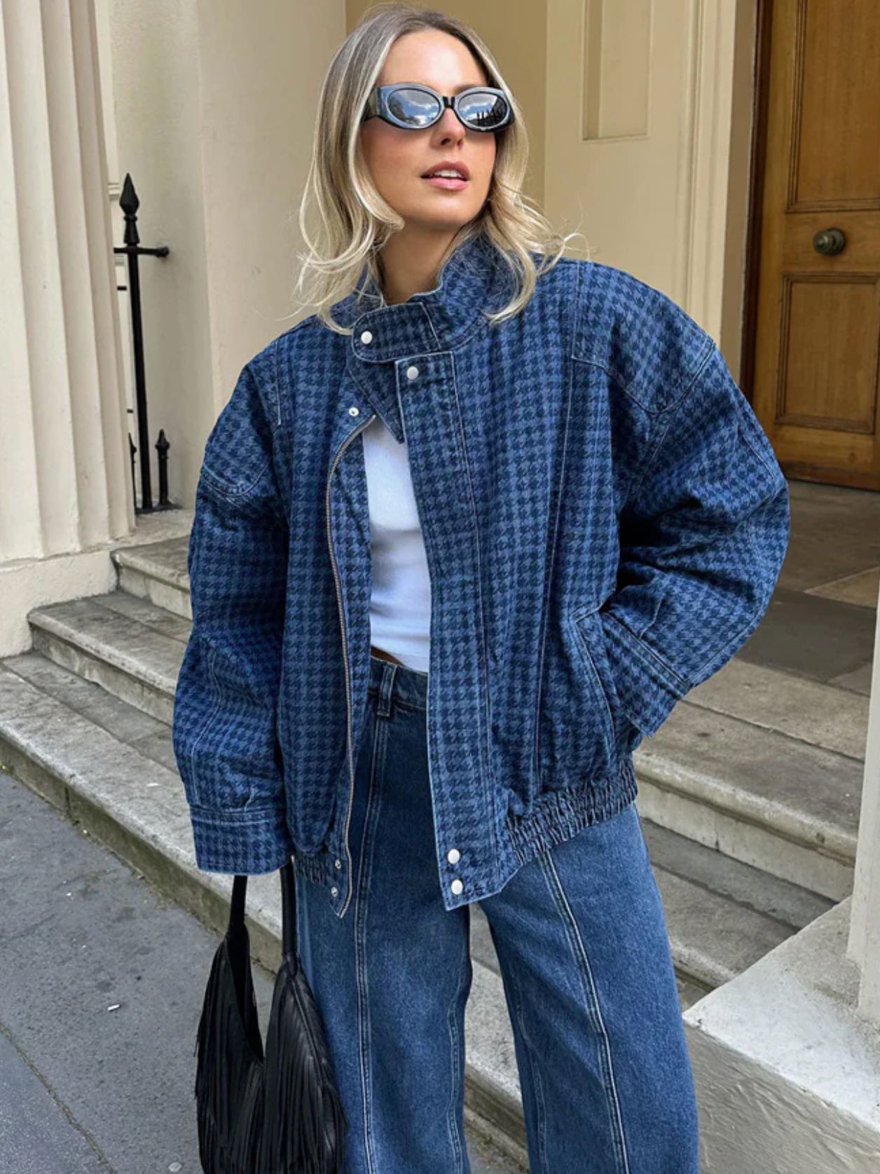 Juno Houndstooth Denim Bomber Jacket