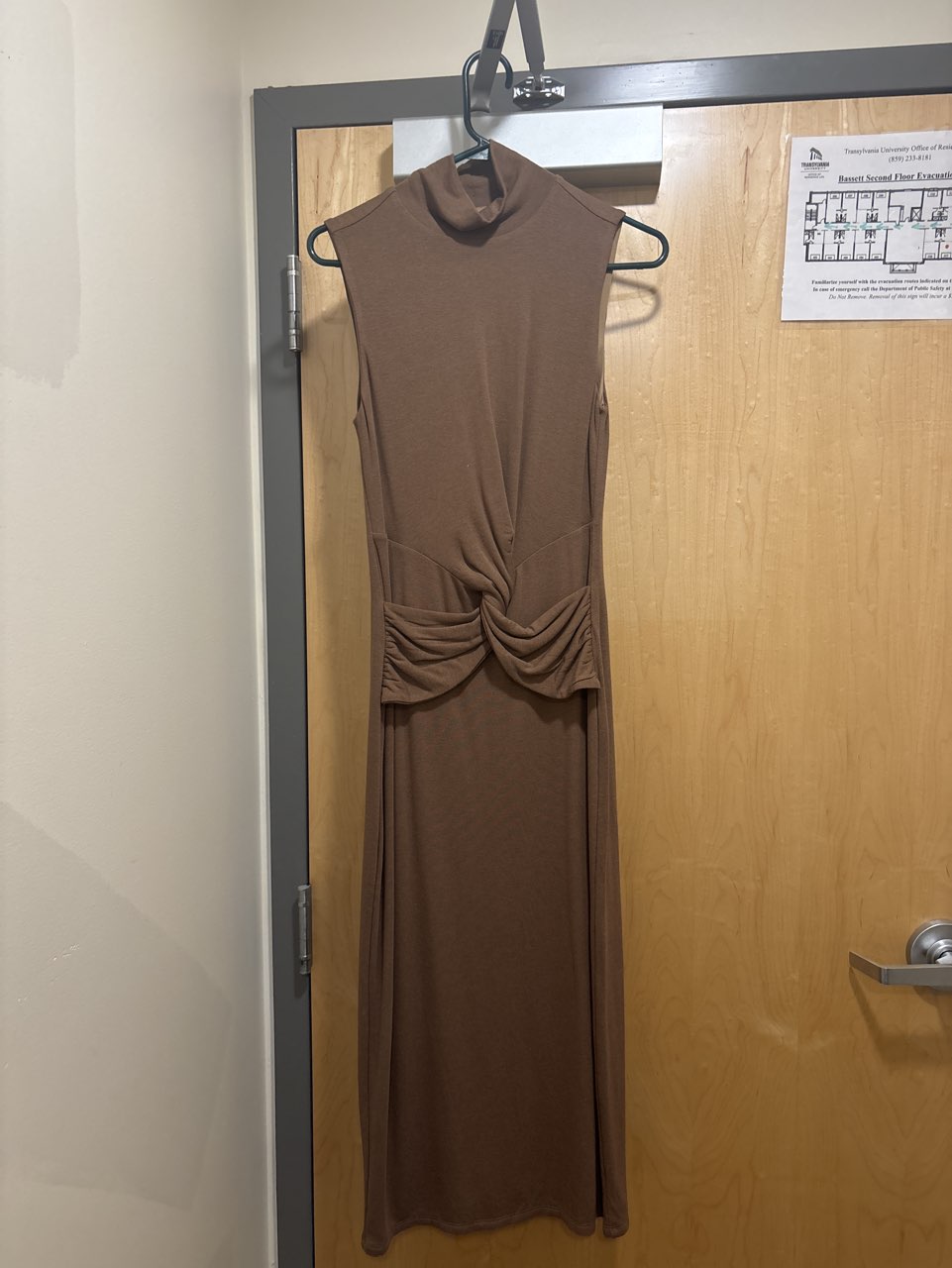 Brown Sleeveless Mock Neck Ruched Midi Dress