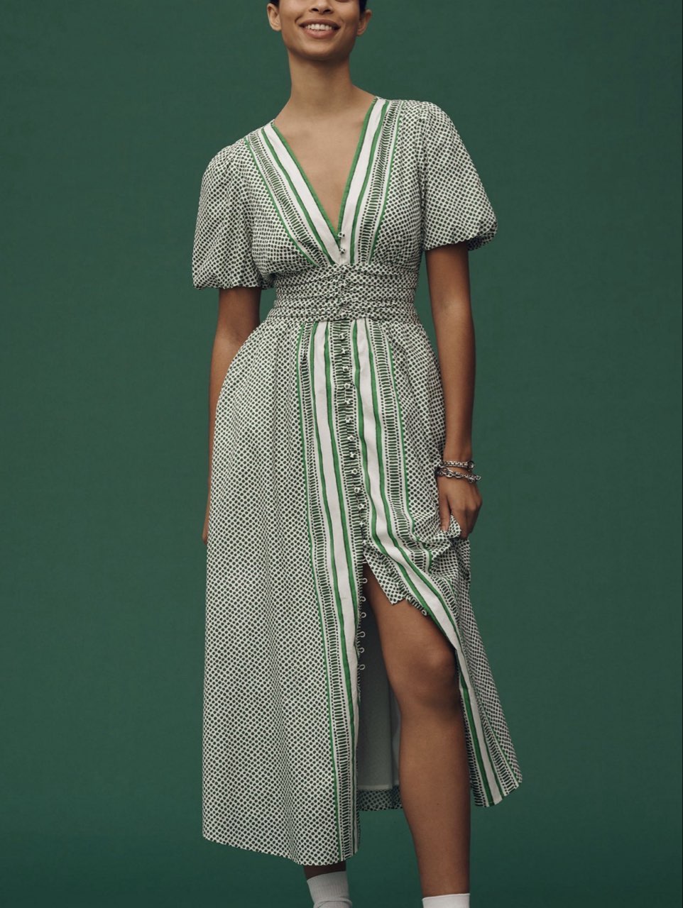 Anthropologie Green and White Patterned Midi Dress