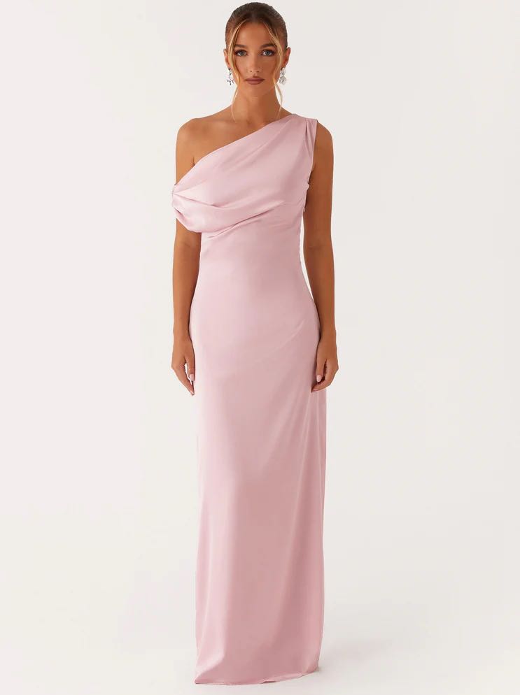 Pink Satin One-Shoulder Gown