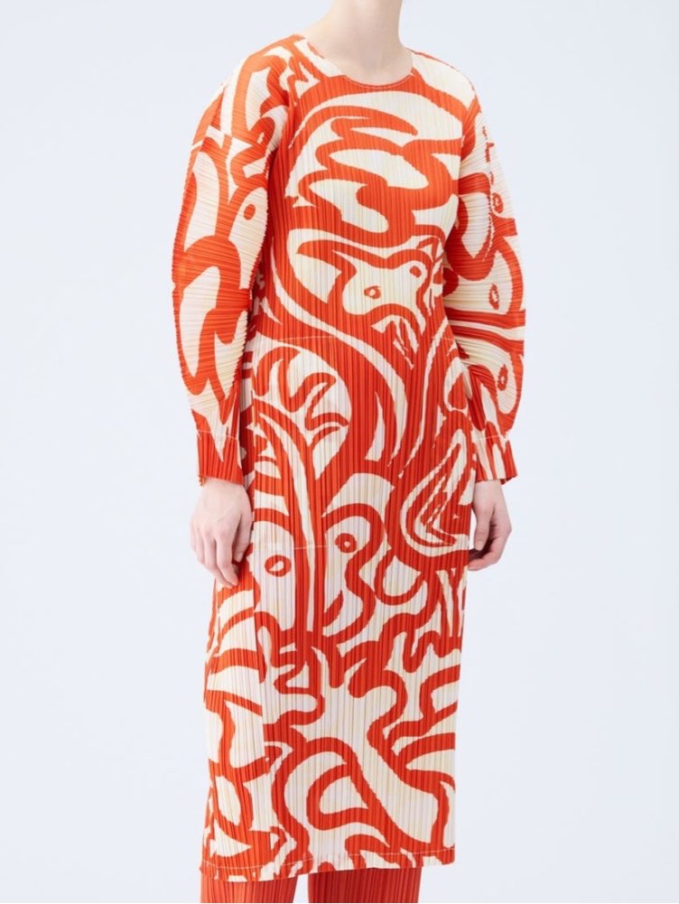 Orange & Cream Abstract Pleated Midi Dress