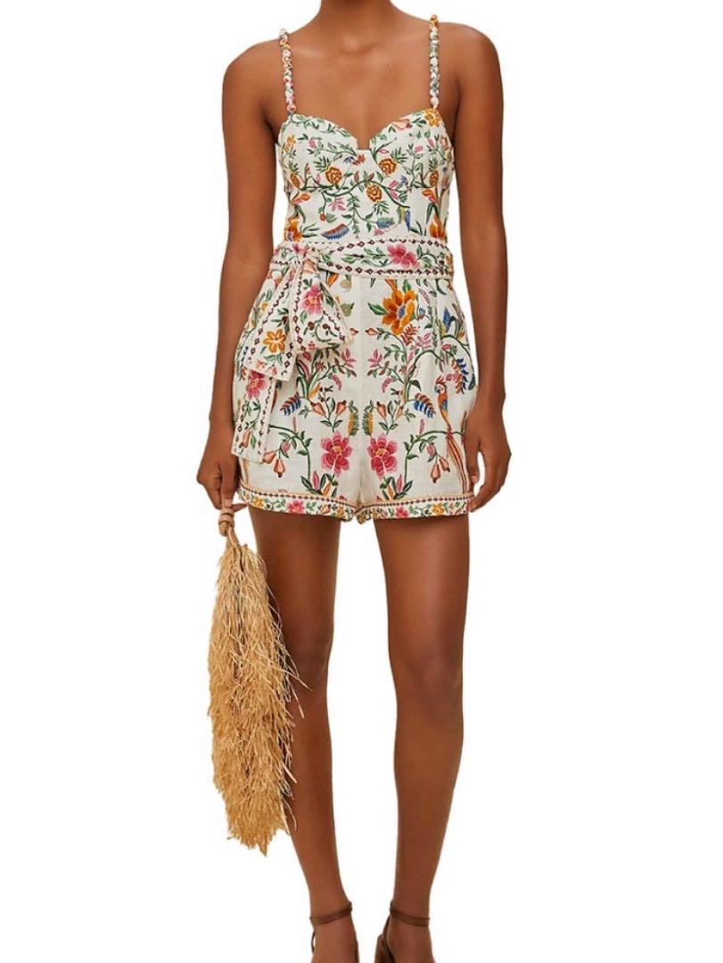 FARM Rio Delicate Forest Linen Romper Off White