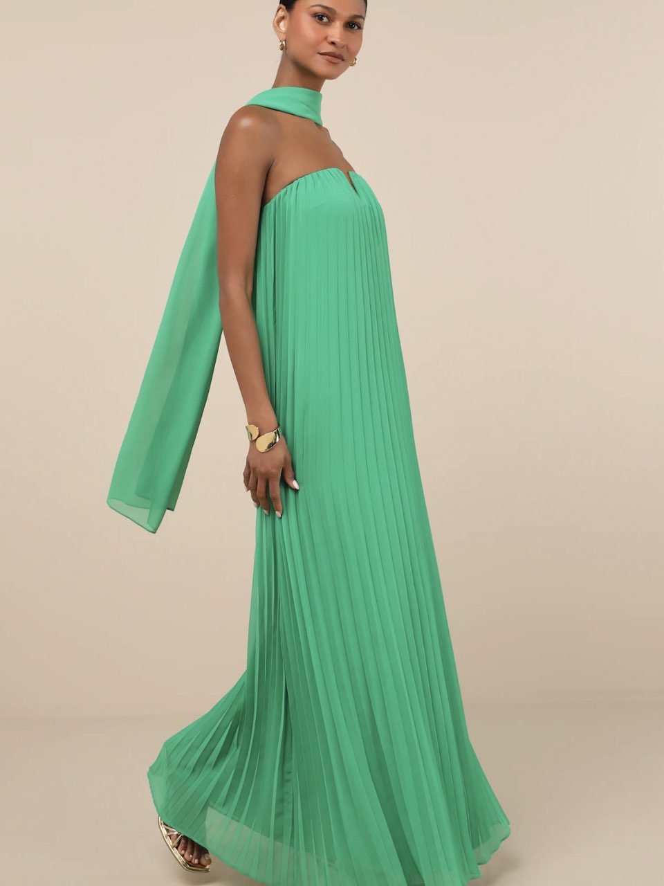 Lael Green Pleated Strapless Dress and Scarf Set