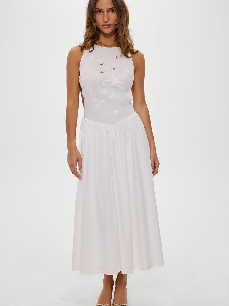 Soleil Backless Embroidered Midi Dress