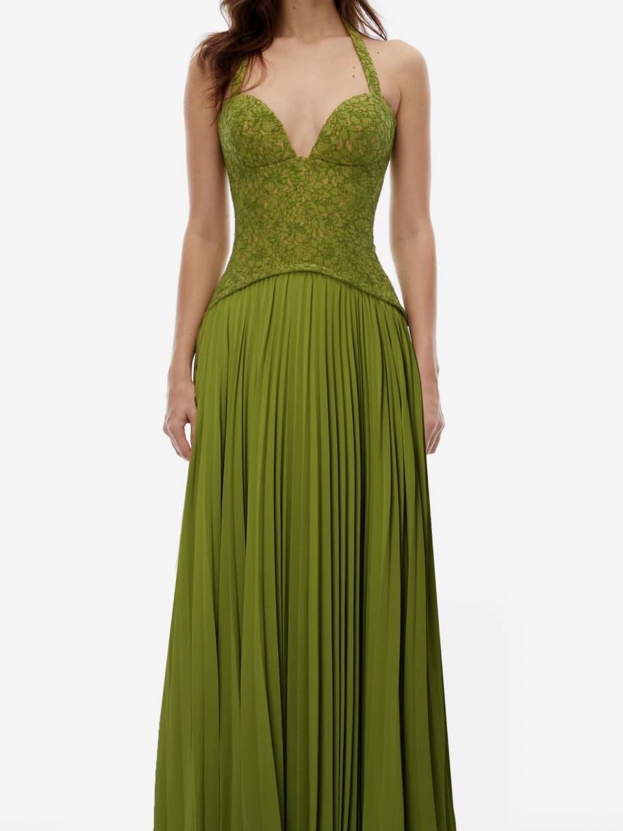 Olive Green Lace Bodice Pleated Maxi Dress