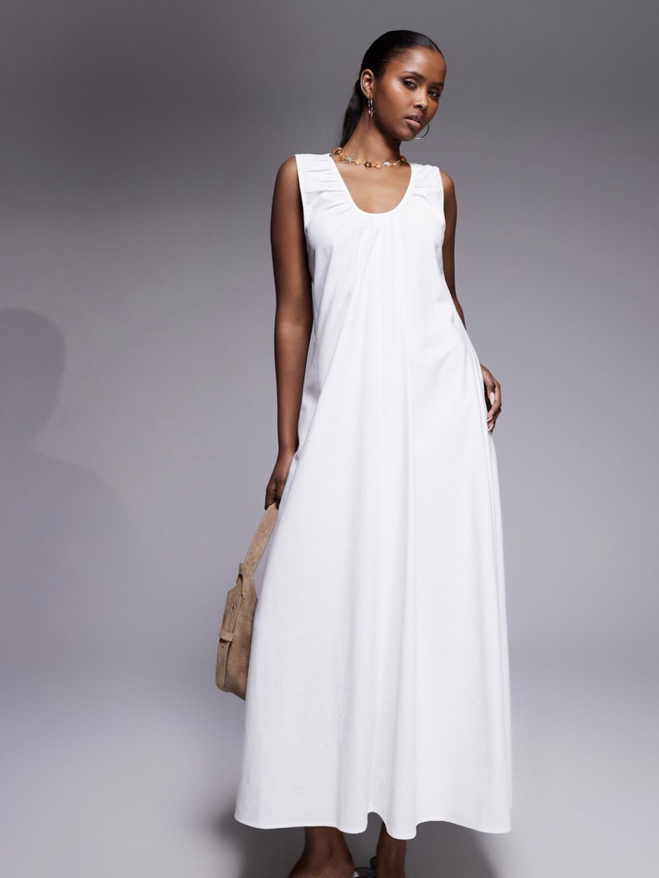 Kaiia Cotton Blend Ruched Scoop Neck Maxi Beach Dress