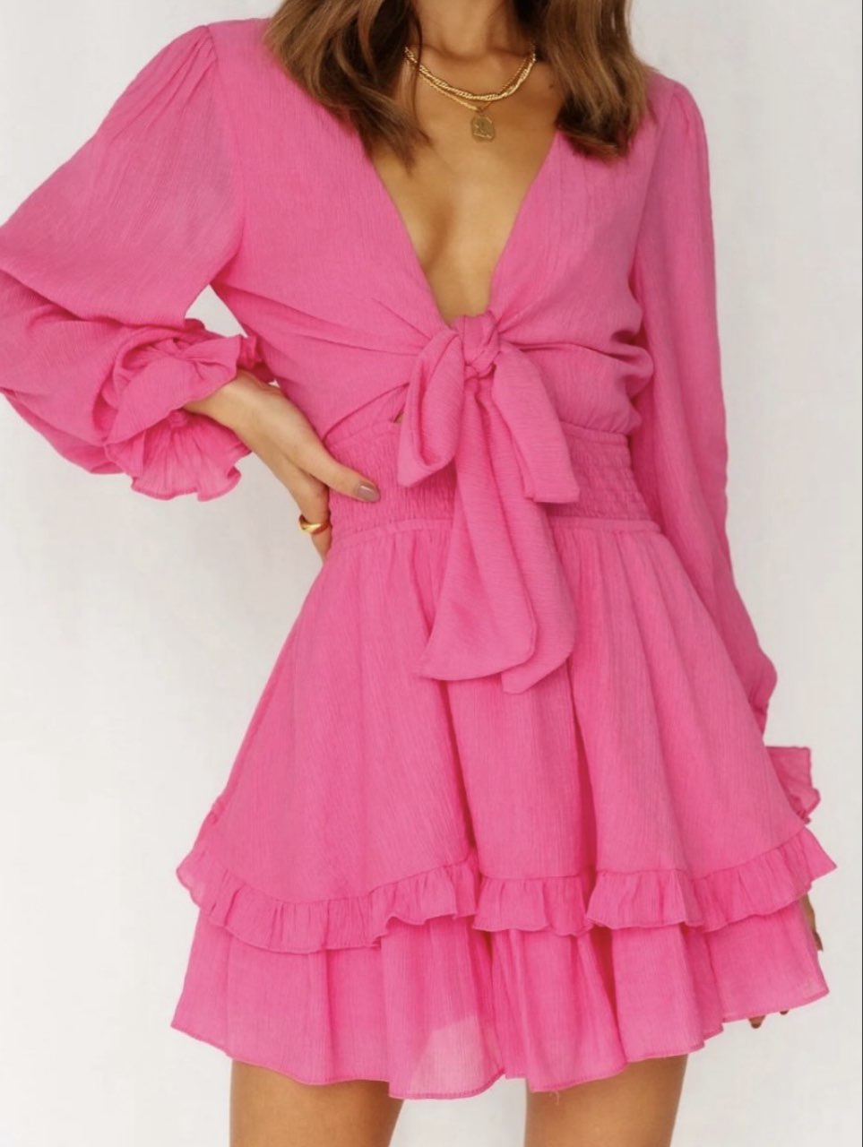 Hot Pink Tie-Front Ruffle Mini Dress
