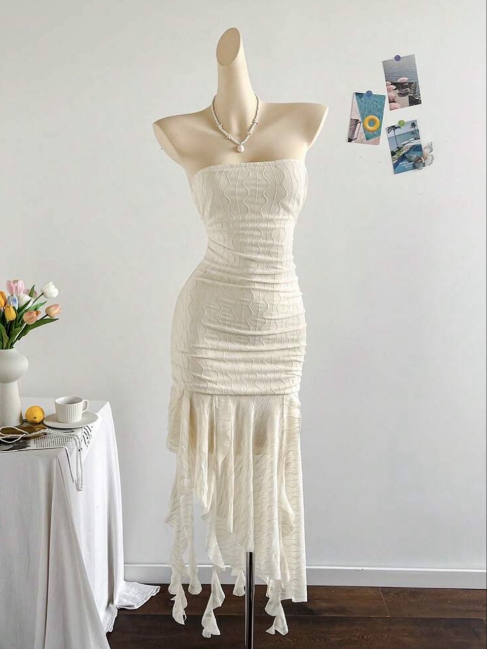 Cream Strapless Ruched Midi Dress