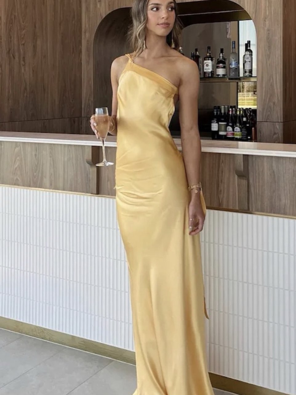 Gold One-Shoulder Satin Maxi Dress