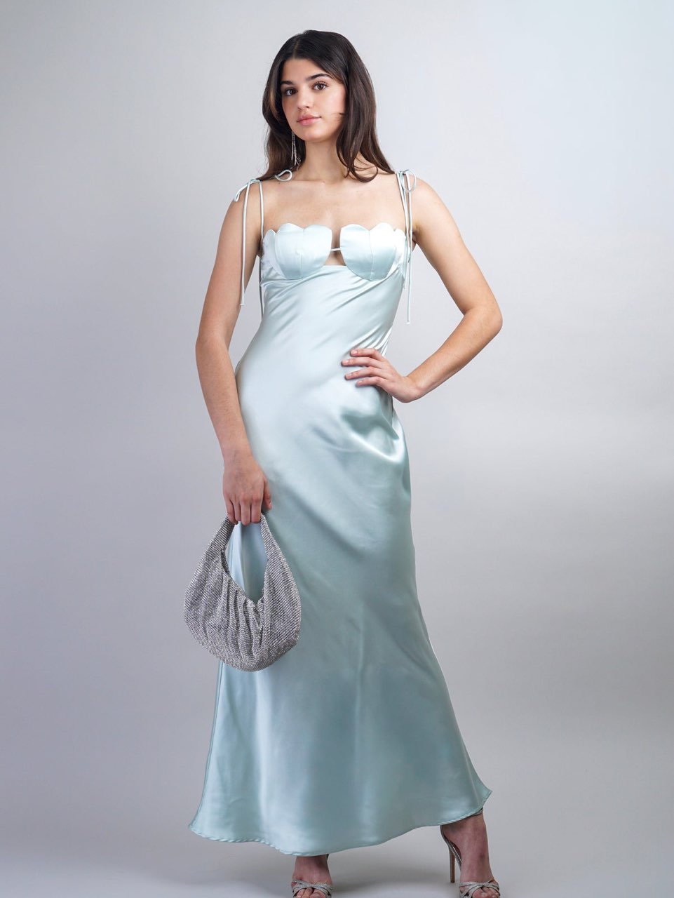 Light Blue Satin Scalloped Maxi Dress