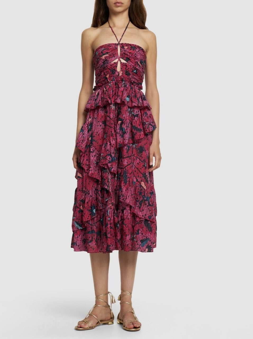 Ulla Johnson Simona Tiered Ruffle Halter Midi Dress in Pink Print Snapdragon